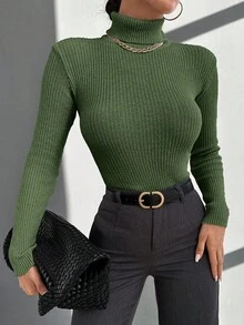RueChic Turtleneck Ribbed Knit Sweater - Green - View 6