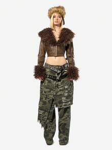 SUMWON WOMEN Women's Cropped Leather Jacket With Fur Trim Collar And Cuffs Punk Rock Festival Fashion Winter Outerwear Distressed Brown Biker Style - Brown - View 5