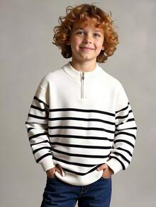 SHEIN Tween Boys' Casual Striped Stand Collar Cardigan,In Fall/Winter