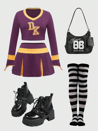 ROMWE Avant Ensemble Top à manches longues et mini-jupe de costume de pom-pom girl vintage pour femmes grandes tailles, Cosplay