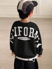 SHEIN Little Byeori 1 pieza Sudadera holgada con gráfico de letra grande, estilo universitario casual, cómoda y minimalista para niños pequeños, adecuada para uso diario, escuela, salidas, deportes, otoño/invierno