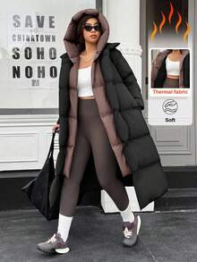 Easura Plus Size Casual Warm Color Block Hooded Padded Coat, Winter Long Jacket For Women Women Winter Clothes Outerwear Women