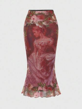 Fairycore Rock mit Blumenmuster und Wellensaum aus Netzstoff