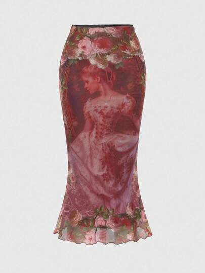 Fairycore Falda de malla con diseño floral y ribete de volantes