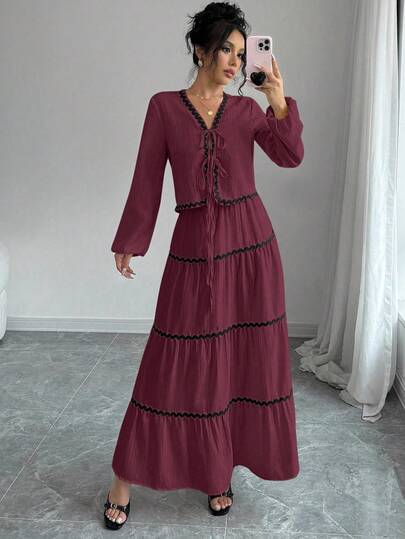 Rafferiza 2件套 法式优雅灯笼袖荷叶边蝴蝶结上衣和裙子