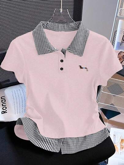 INAWLY Women's Patchwork Simple Daily Short Sleeve T-Shirt