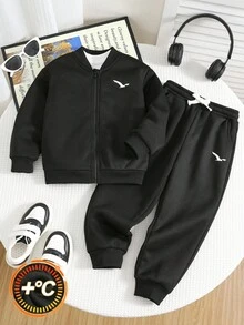 2pcs/Set Young Boys' Brushed Thick Cargo Baseball Jacket & Printed Casual Pants Set, Suitable For Winter, Matching Sibling Outfit - Black - View 5
