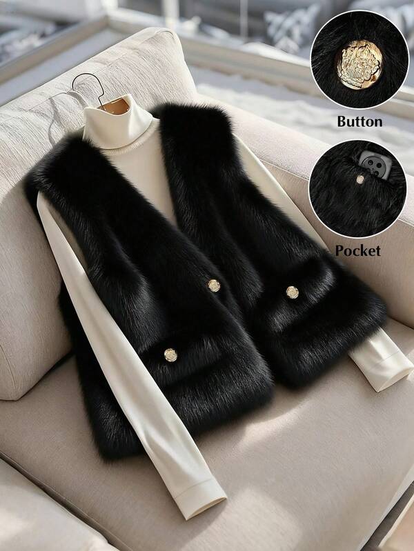 Regalyn Plus Size Women Fashion Faux Fur Pocket Button Vest Jacket