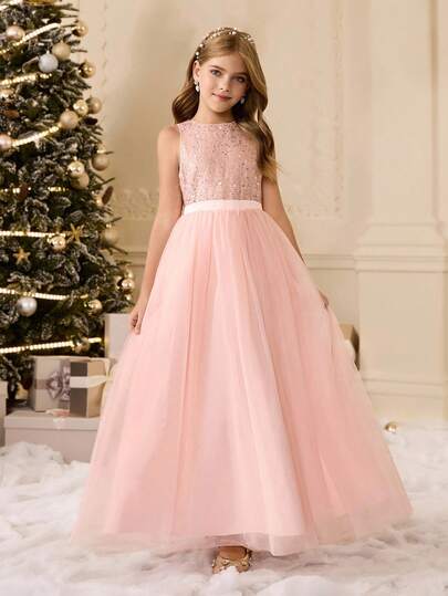 优雅花朵少女连衣裙，适合毕业典礼、婚礼、舞会礼服；粉色网眼亮片缎面无袖长裙，适合万圣节、圣诞节、正式场合、女孩返校时尚薄纱公主裙