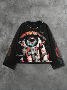 ROMWE MEN Street Life Camiseta de manga corta con estampado gráfico de texto en inglés y ojo, estilo callejero unisex, para primavera/otoño - Negro - Ver 3