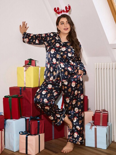 Chillnights Conjunto de pijama de talla grande para mujer con estampado de Papá Noel y Hombre de Jengibre, de manga larga y pantalones, color azul marino, ropa de otoño