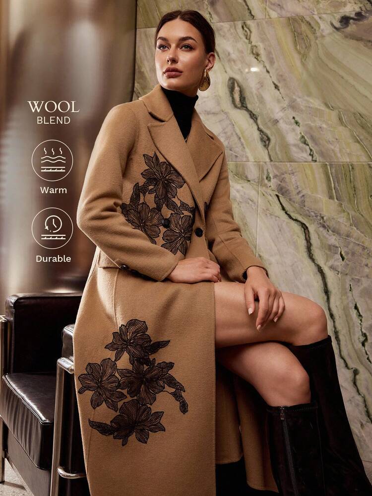 WOOL EMBROIDERY DOUBLE BREASTED OVERCOAT