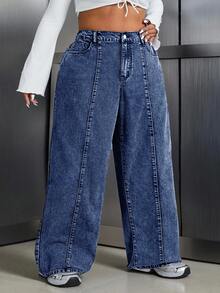 SHEIN CURVE+ Plus Size Casual Simple Denim Jeans, Suitable For Summer,Curve Plus ,Hoho Vacation - Blue - View 4