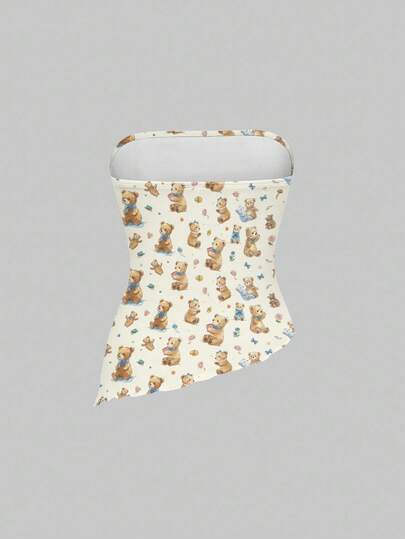 Kawaii Women's Cute Bear & Ditsy Floral Backless Halter Crop Top With High Slit Asymmetric Hem