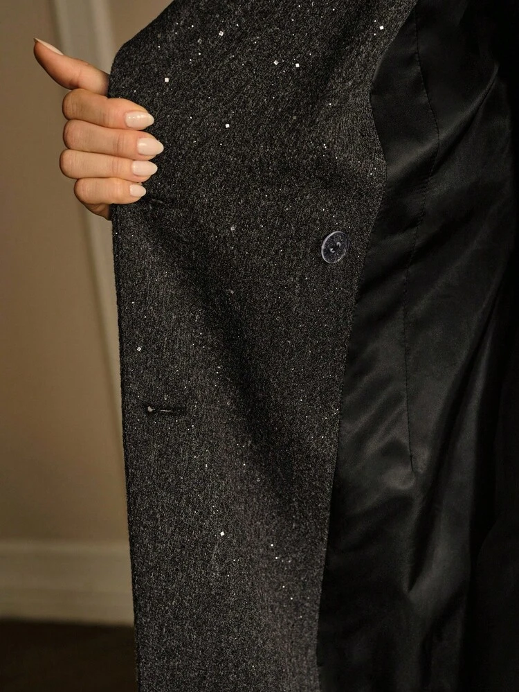 STARRY SEQUIN EMBELLISHED LAPEL LONG FAUX FUR TRIM PEARL RHINESTONE BUTTON ELEGANT WINTER OVERCOAT