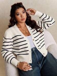 Elaquor 秋季大码休闲通勤条纹开衫 - 藍白色 - 查看 5