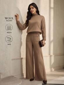 ZEYLAH Women's Turtleneck Sweater And Knitted Pants With Pockets 2 Pieces Set, Autumn/Winter - Camel - View 1