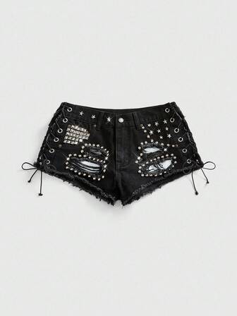 Grunge Punk Sexy Rivet Distressed Vintage Lace-Up Low Waist Frayed Denim Shorts For Plus Size Women, Suitable For Music Festival And Party