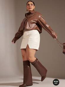 SHUZIA Women's Wide-Calf Knee High Fold Over Pointy Toe Wedge Boots For Christmas - Brown - View 1