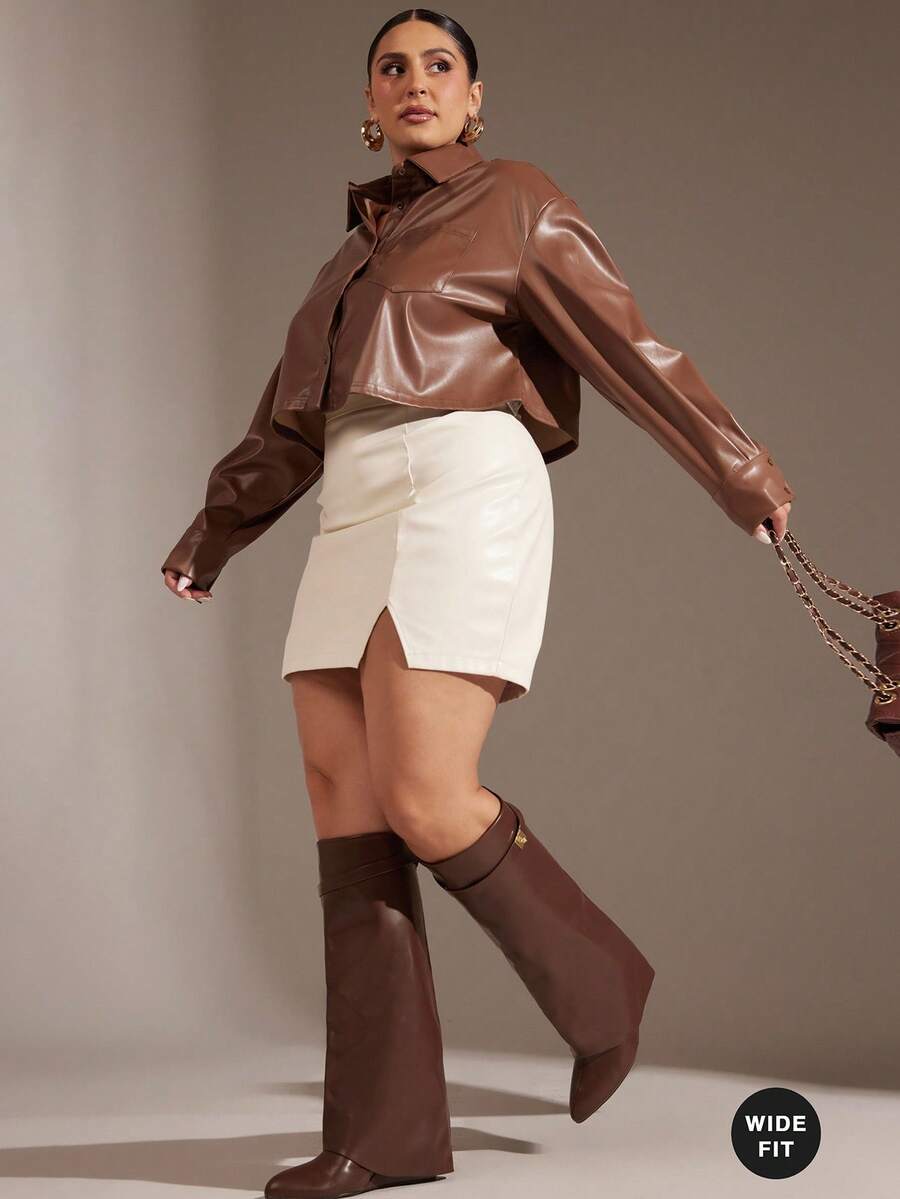 SHUZIA Women's Wide-Calf Knee High Fold Over Pointy Toe Wedge Boots For Christmas - Brown - View 1