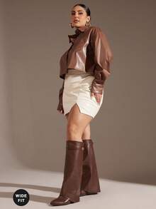 SHUZIA Women's Wide-Calf Knee High Fold Over Pointy Toe Wedge Boots For Christmas - Brown - View 5