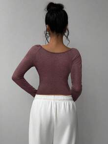 SHEIN BASICS Casual Solid Color V-Neck Long Sleeve Fitted Cropped Women T-Shirt - Coffee Brown - View 2