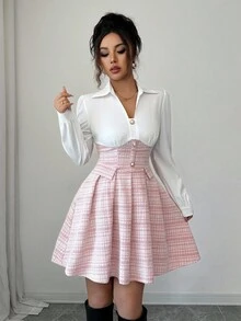 Elenzga 女式复古拼布格子腰喇叭迷你长袖连衣裙，适合约会、聚会、音乐节、狂欢节等，春秋季 - 紅白色 - 查看 3