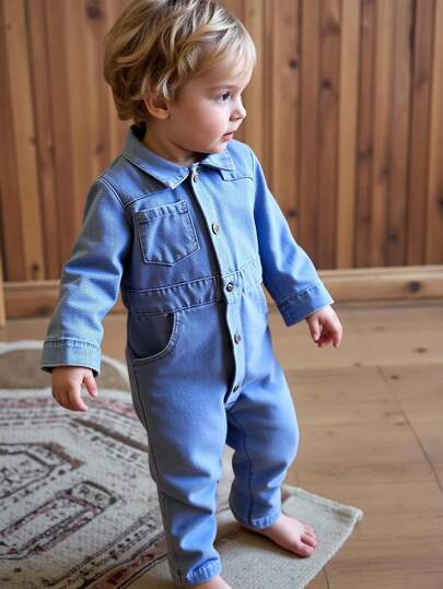 SHEIN 1pc Toddler Denim Jumpsuit Baby Girls Cute Woven Long Sleeve Romper Jumpsuit Baby Girls Blue Denim Jumpsuit Baby Denim Jumpsuit Denim Jumpsuit Halloween Autumn Winter Fall