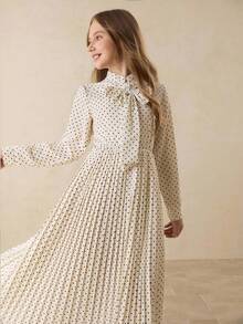 Váy Maxi Cạp Cao Họa Tiết Chấm Bi Thanh Lịch Cho Bé Gái Có Nơ Có Thể Tháo Rời, Thích Hợp Cho Các Sự Kiện Trở Lại Trường, Tốt Nghiệp, Tiệc Tùng, Giáng Sinh, Halloween - Màu be - Xem 4