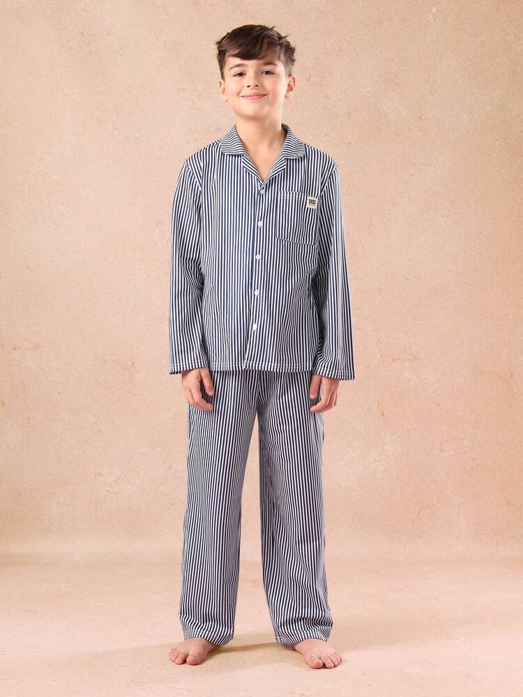 Striped Button Down Collared Pajama With Pants