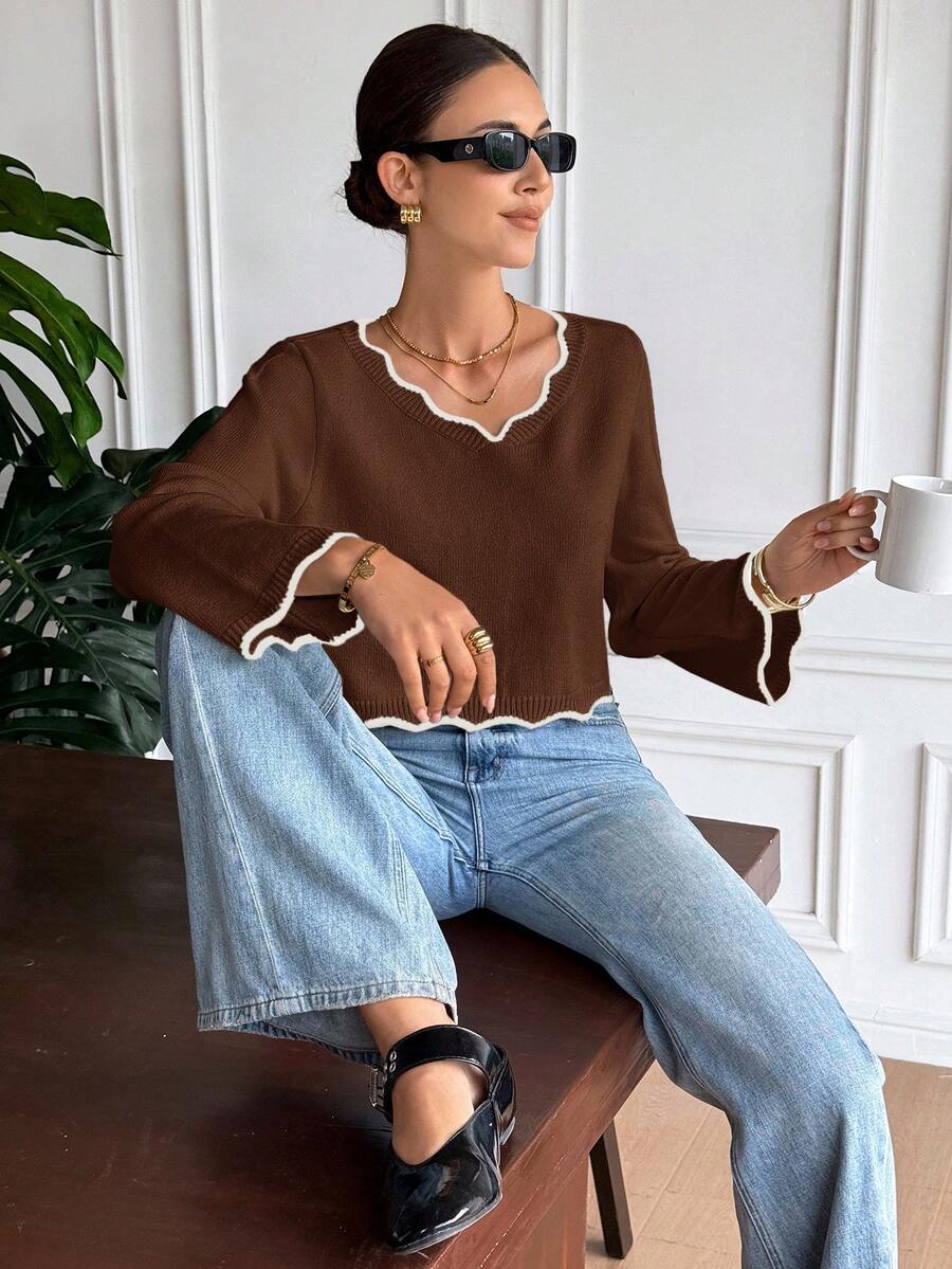 Serisse Women's V-Neck Contrast Trim Casual Pullover Sweater In Fall/Winter,Brown Sweater,Brown Top - Brown - View 1