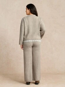 EMERY ROSE 2pcs Plus Size Solid Color Crew Neck Long Sleeve Sweater And Pants Set, Casual Knit Suit - Khaki - View 2