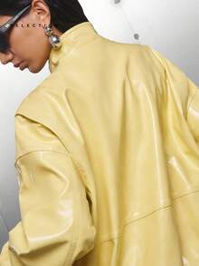 LYSMO SELECTION 2025 New Arrive Minimalism Fall Women's Butter Yellow Solid Color Drop Shoulder Long Sleeve Zipper Front PU Leather Casual Bomber Jacket Women For Going Out Outfits, Graduation, Grunge And Punk Chic, Vintage Chic Back To School, Homecoming, 2000s Style, Y2K Clothes Women, Streetwear