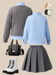 3 件套女童学院风毛衣、衬衫和百褶裙套装，适合返校季 - 灰色 - 查看 2