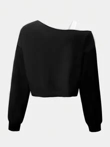 Sparklyn Asymmetrical Sleeve Casual Cute Y2k Comfortable Sweatshirt For Teen Girls Autumn Back-To-School Black - Black - View 2