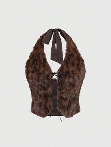 ROMWE Hippie Women's Y2K Harajuku Leopard Faux Fur Crop Top With Star Pocket Two Pieces Set - Brown - View 5