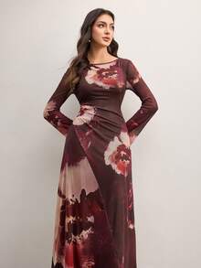 Veilorie Off Shoulder Tie-Dye Print Flare Sleeve Waist Cinched Slim Fit Casual Everyday Vacation Party Dress - Multicolor - View 1