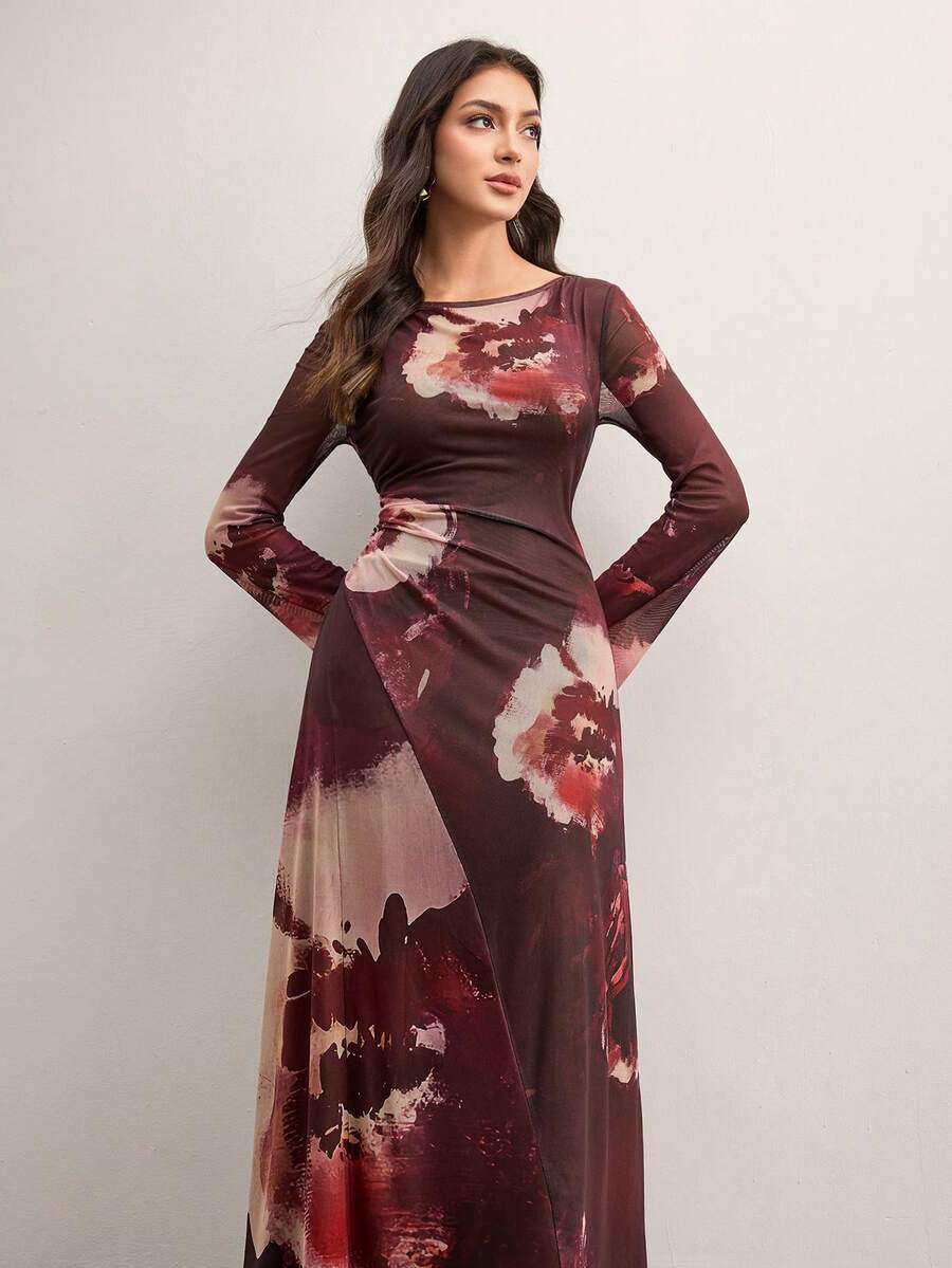 Veilorie Off Shoulder Tie-Dye Print Flare Sleeve Waist Cinched Slim Fit Casual Everyday Vacation Party Dress - Multicolor - View 1