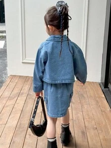 Genkimix Kids 3pcs/Set Young Girl Autumn School Back-To-School Outfit,Patchwork Heart Embroidered Vest,Denim Jacket,Casual Skirt,Fashion Street Style Fall Winter - Blue - View 5