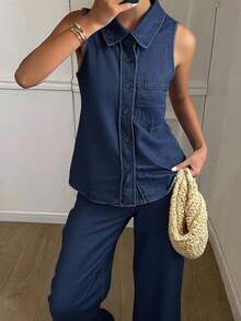 DAZY 无袖翻领修身背心上衣、阔腿裤、腰带西部牛仔女装秋季套装、休闲度假女士牛仔套装 - 藍色 - 查看 5