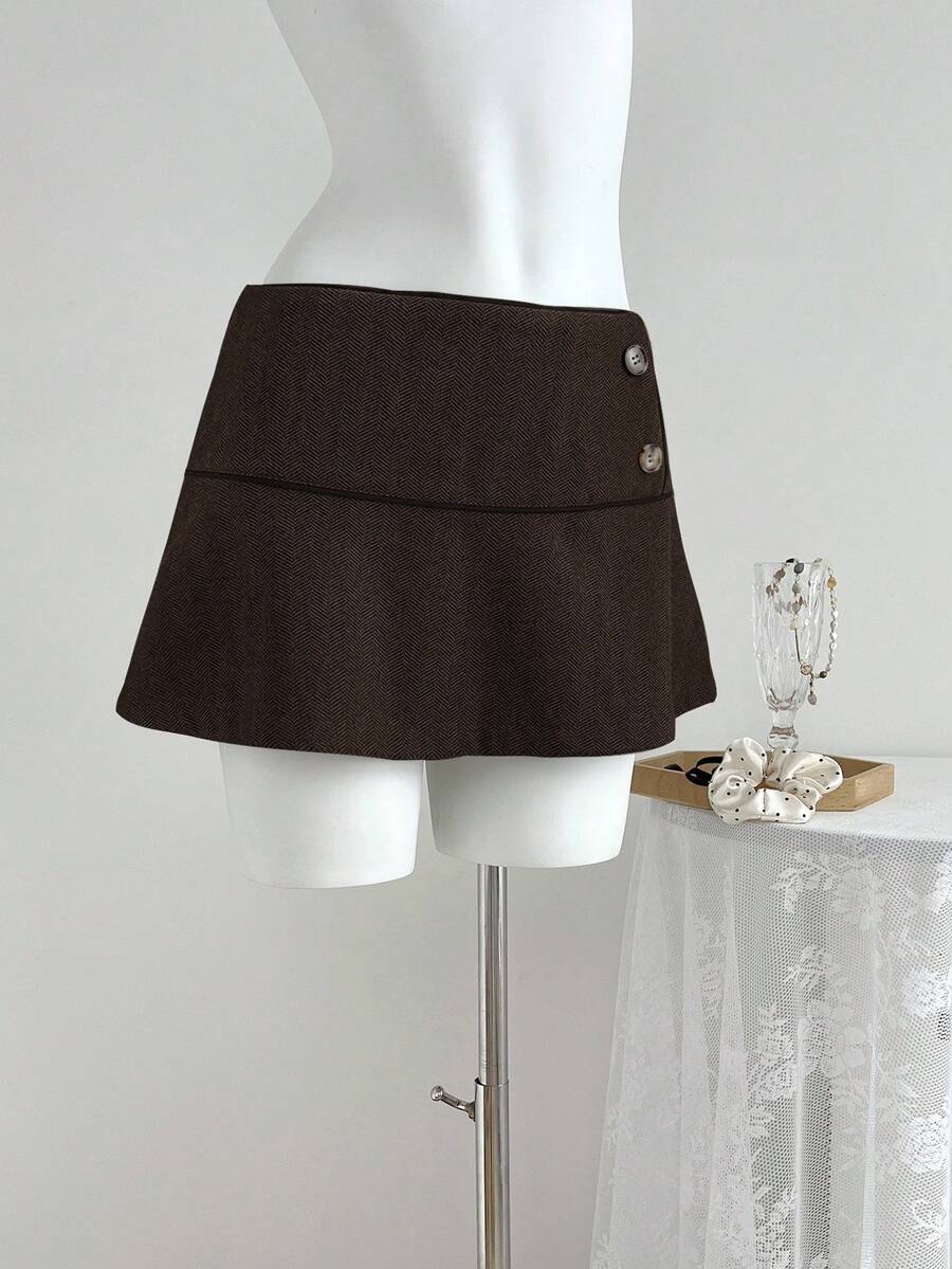 Elamini Vintage Style Solid Color Low Waist Button Skirt For Women