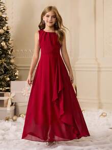 Elegant Burgundy Spaghetti Strap Long Formal Dress For Tween Girls Suitable For Evening Party, Wedding, Prom, Birthday, Graduation, Christmas, Halloween, And Other Occasions Fall Winter - Burgundy - View 1