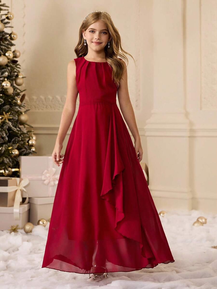 Elegant Burgundy Spaghetti Strap Long Formal Dress For Tween Girls Suitable For Evening Party, Wedding, Prom, Birthday, Graduation, Christmas, Halloween, And Other Occasions Fall Winter - Burgundy - View 1