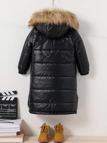 SHEIN 1pc Young Boy Casual Solid Black Long Sleeve Hooded Loose Cotton Jacket, New Autumn/Winter Back To School - Black - View 2