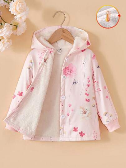 Sparklyn Young Girl Hooded Thickened Plush Vintage Floral Mid-Length Warm Jacket, Autumn/Winter,Holiday,Summer,Travel Fall
