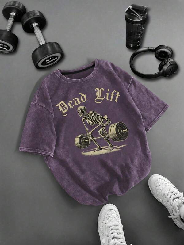 Sport MetroGents Men's Casual Skull & Letter Print Sports T-Shirt Gym Tee Purple Gym Top Gym Tshirt Goth Gym Clothes Gym Tops Loose