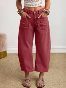 EMERY ROSE Quần jeans ống loe rách cỡ lớn - Màu Đỏ Sâu - Xem 3