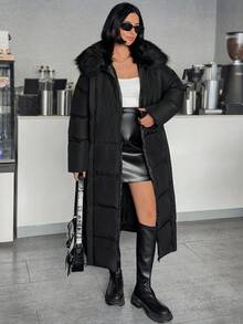 SHEIN Áo khoác mùa đông dài quá khổ thanh lịch có thể tháo rời bằng lông giả trang trí chi tiết dành cho nữ - màu đen - Xem 4
