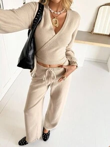 Siren Gaze 2pcs/Set Women Solid Color V-Neck Wrap Sweater With Puff Sleeves&Drawstring Waist Ribbed Knit Wide Leg Pants,Beige Autumn Casual Lounge Elegant Outfit - Apricot - View 4
