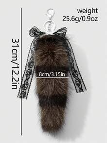 ROMWE Goth 1pc Y2K Retro Chic Cute Minimalist Sophisticated High-Quality Animal Print Series Brown Faux Fur Anime Fox Tail With Black Lace Bow, Star Decor DIY Keychain Bag Charm, Suitable For Cosplay, Daily Wear, Holiday Gift For Women